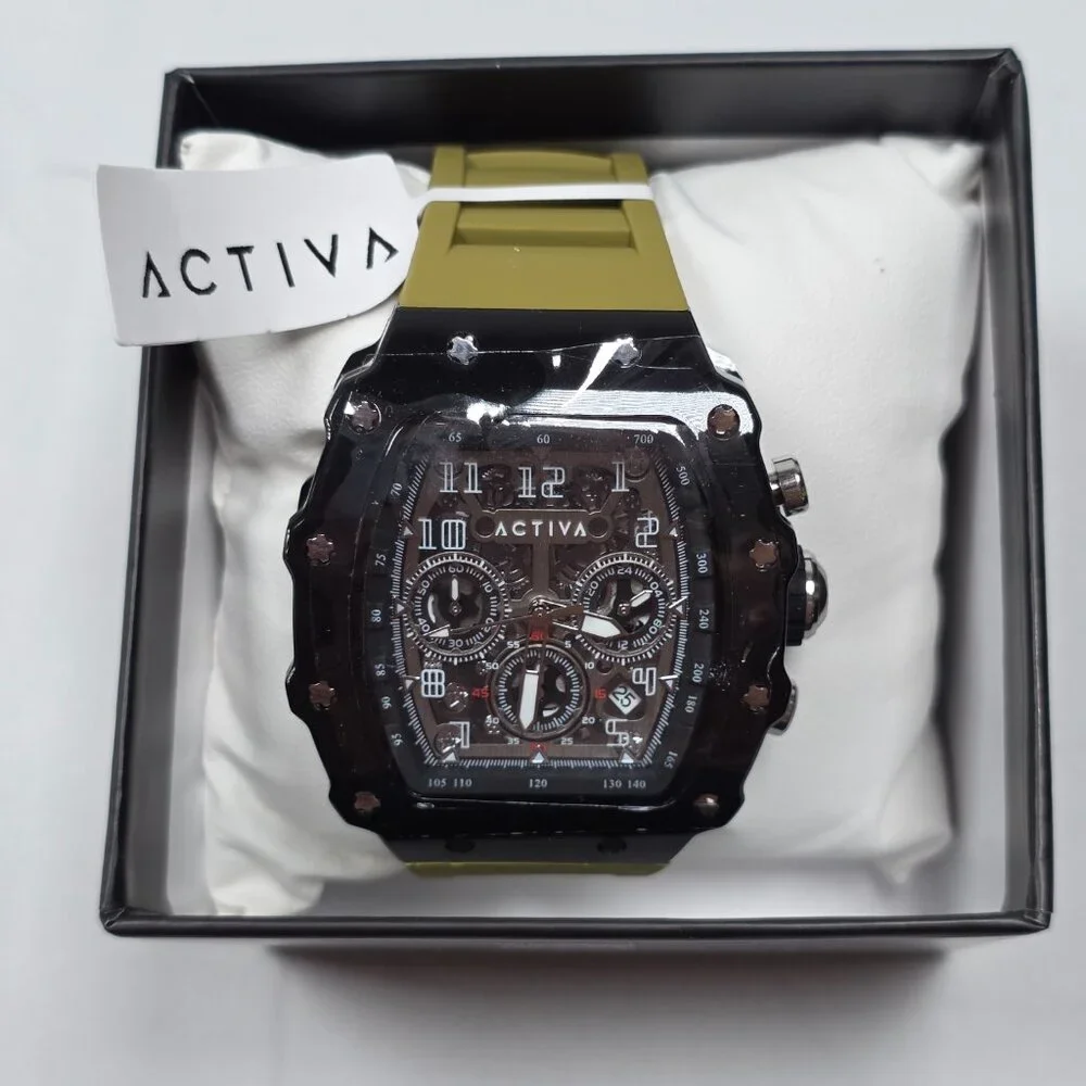 ACTIVA Chronograph Style Watch Olive Green Silicone Strap‎ Skeleton Dial New Box